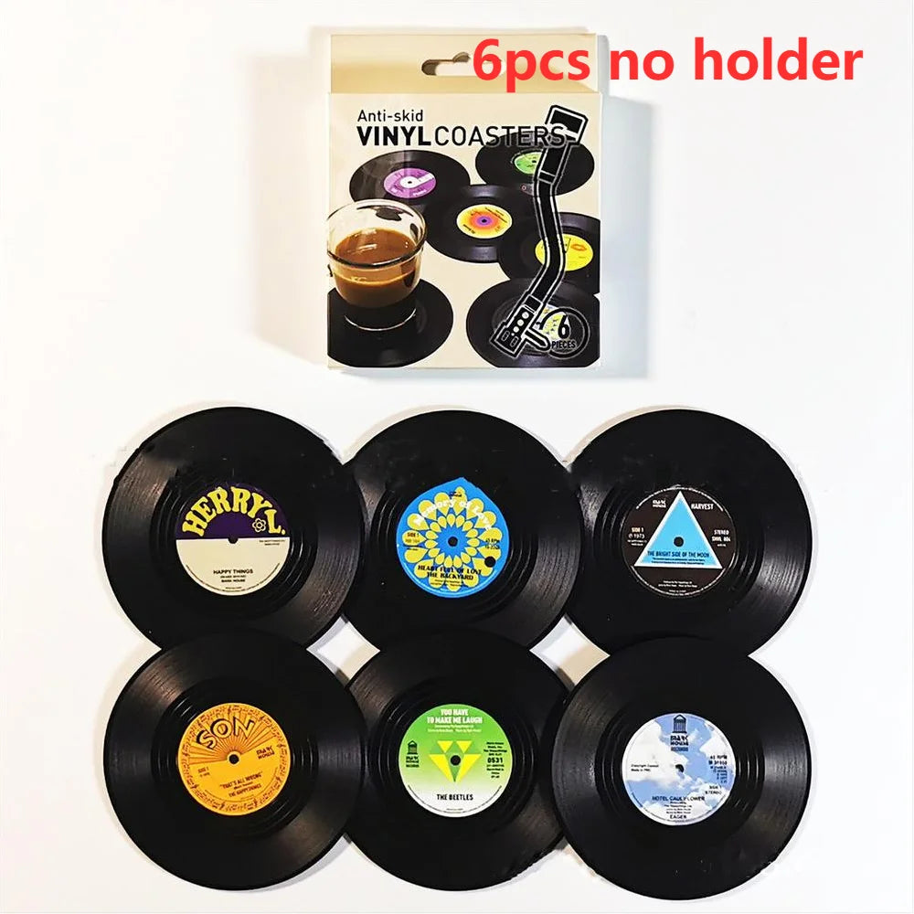 Set of 6 Vinyl Coasters with Vinyl Record Player Holder 