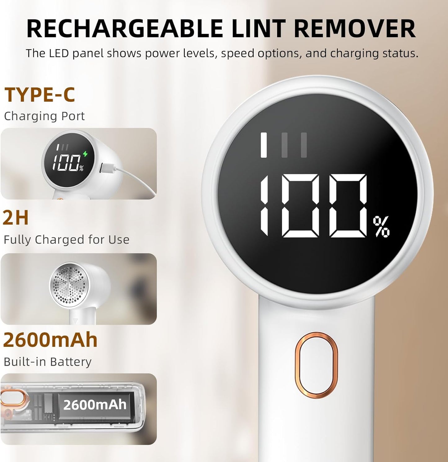 Fabric Shaver, Lint Remover Rechargeable,  3 Speeds, 6 Leaf Blades, Digital LED Display