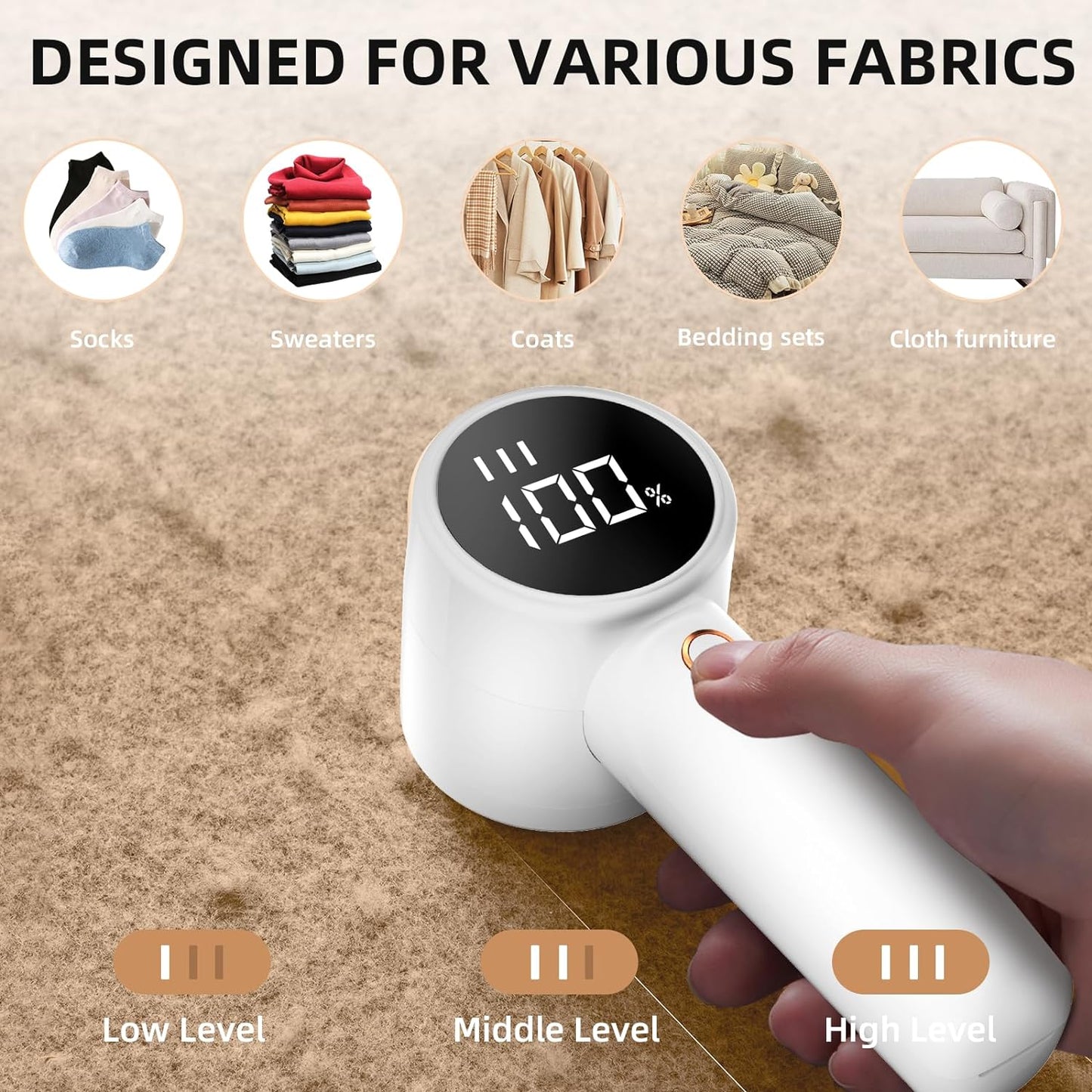 Fabric Shaver, Lint Remover Rechargeable,  3 Speeds, 6 Leaf Blades, Digital LED Display