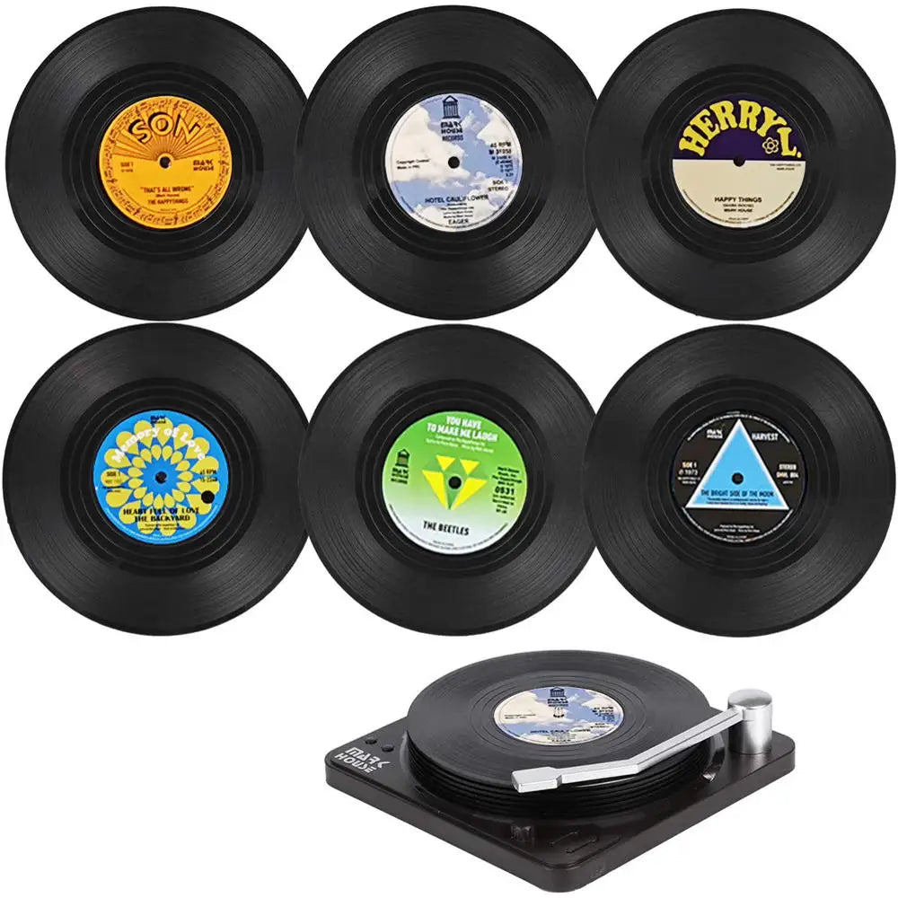 Set of 6 Vinyl Coasters with Vinyl Record Player Holder 