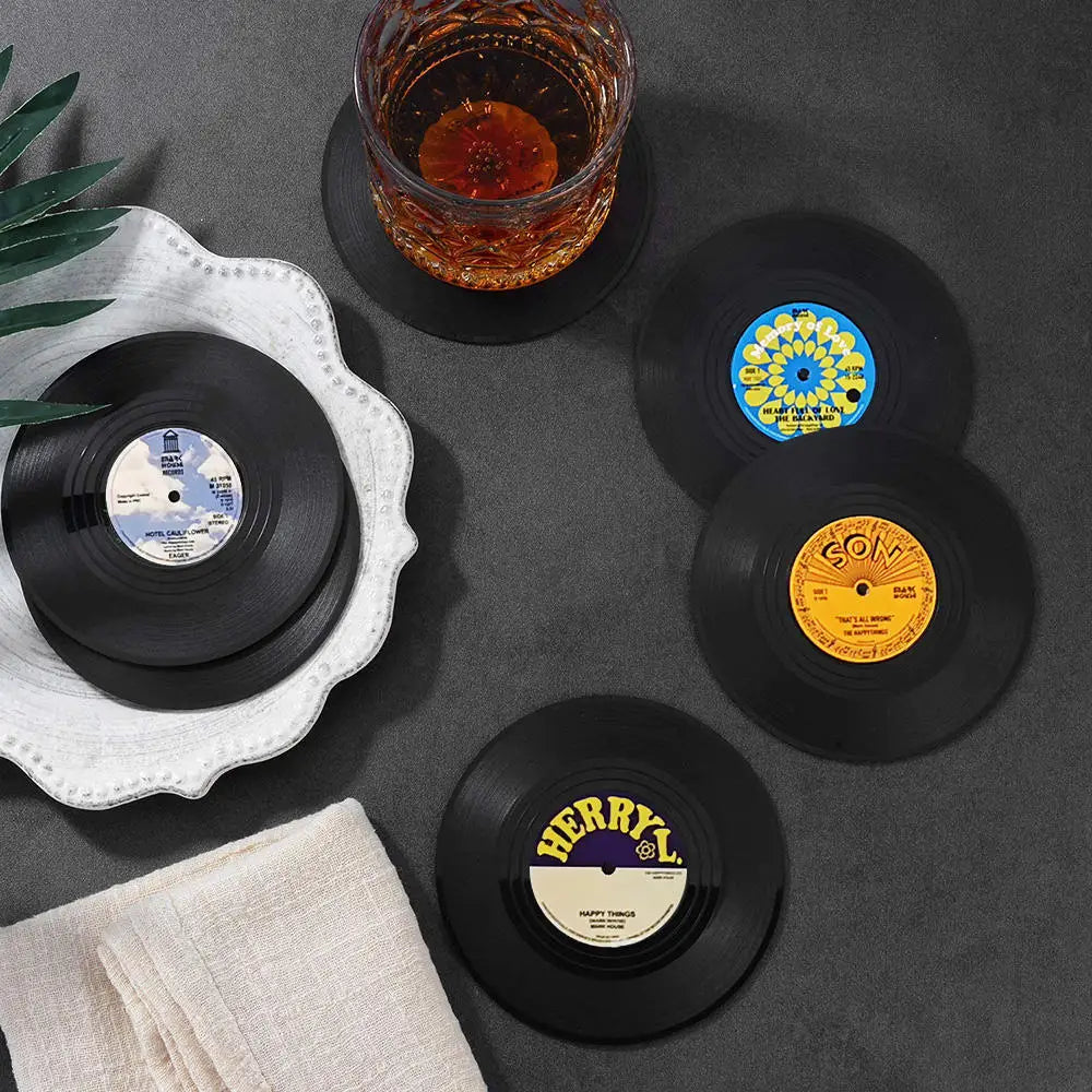 Set of 6 Vinyl Coasters with Vinyl Record Player Holder 