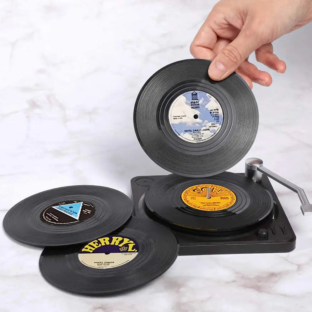 Set of 6 Vinyl Coasters with Vinyl Record Player Holder 