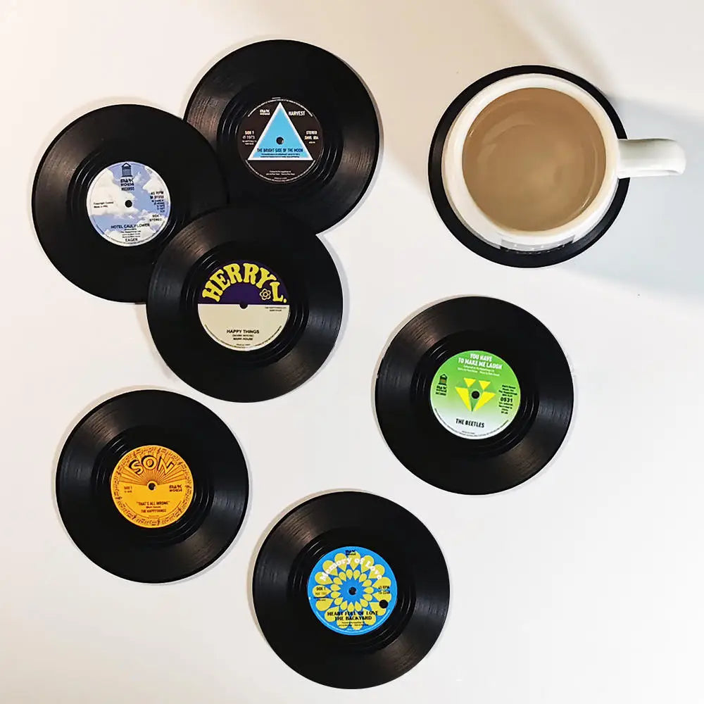 Set of 6 Vinyl Coasters with Vinyl Record Player Holder 