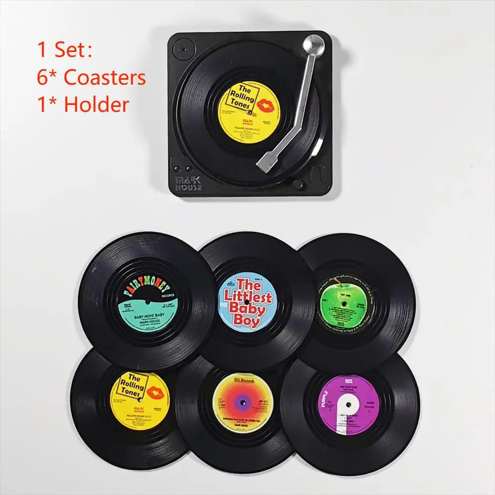 Set of 6 Vinyl Coasters with Vinyl Record Player Holder 