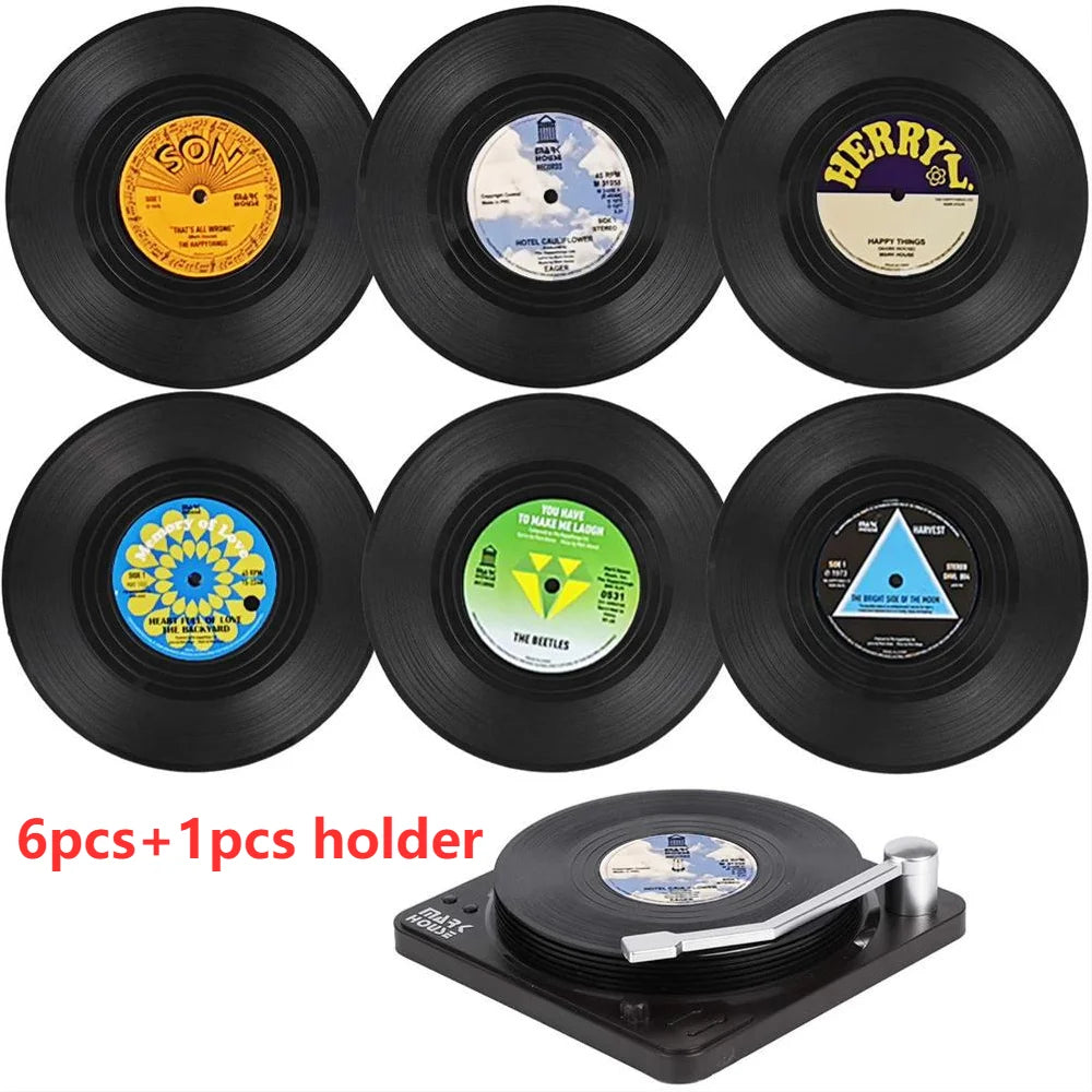 Set of 6 Vinyl Coasters with Vinyl Record Player Holder 